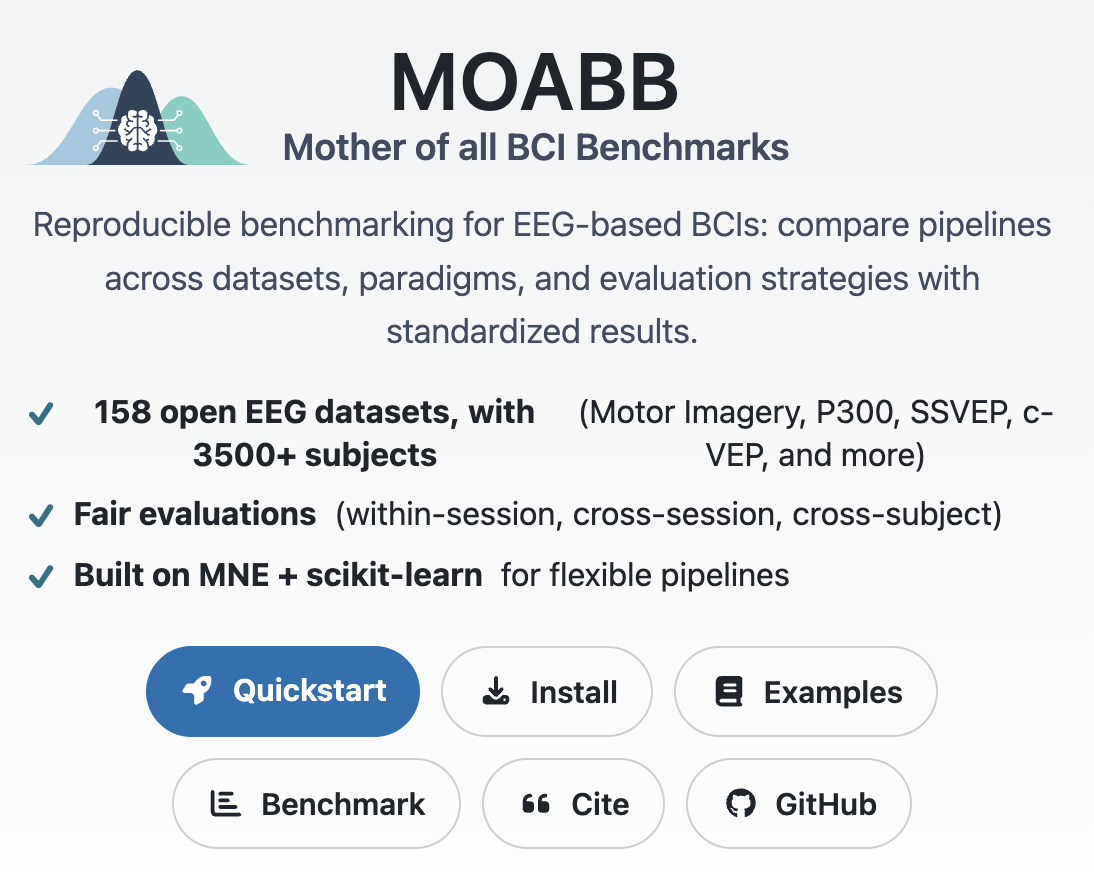 MOABB splash page describing the open EEG and BCI benchmark